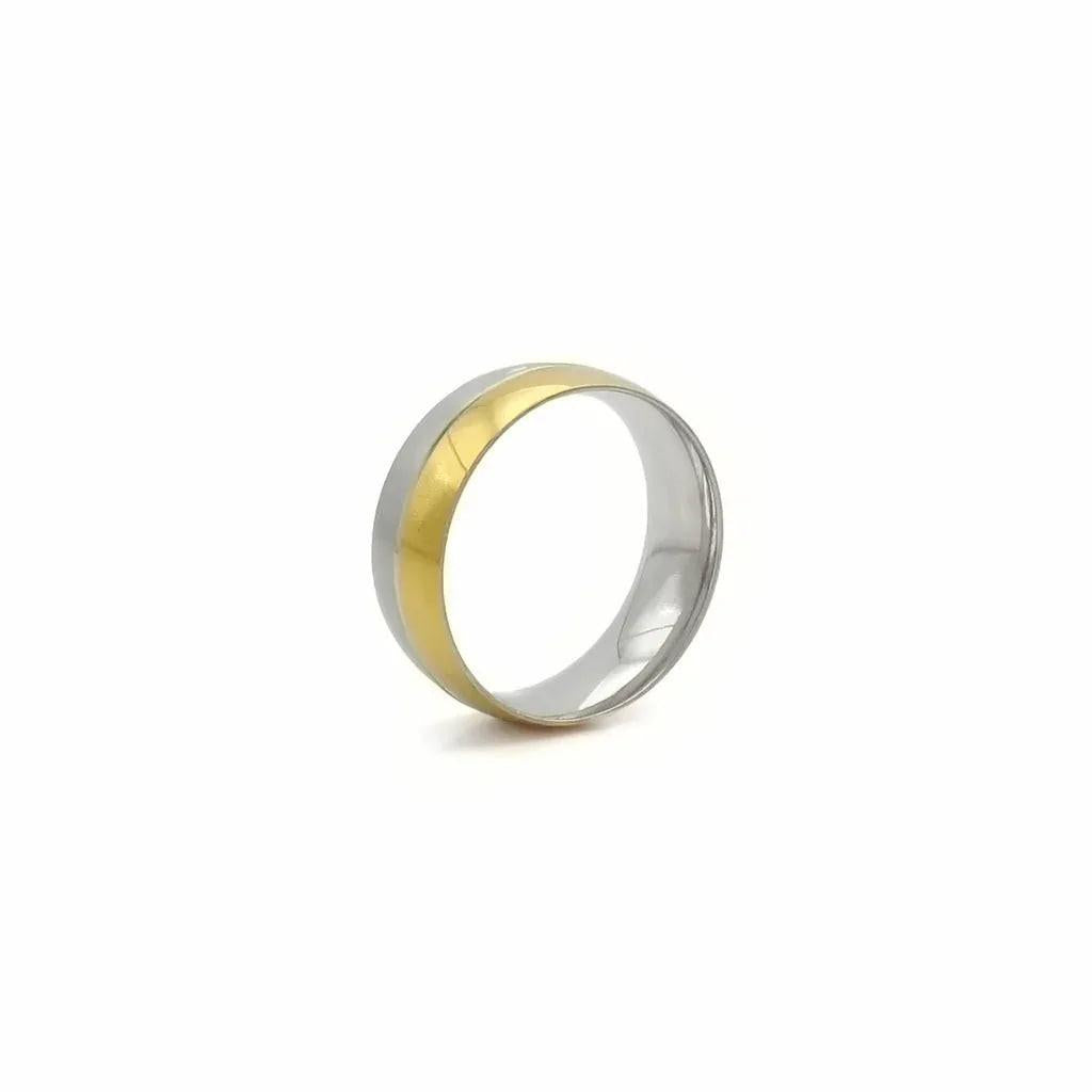 Stainless steel two-tone band ring with gold and silver stripes, stylish jewelry by Glitters, showcasing a sleek, modern design.