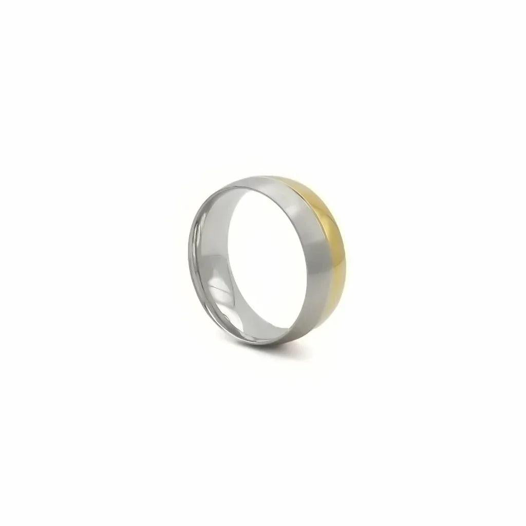 Stainless steel two-tone band ring with gold and silver stripes, designed by Glitters for a stylish and modern look.