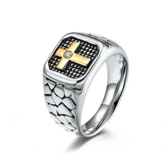 Stainless steel two-tone cross ring by Glitters, featuring a polished finish and a detailed cross design on the band.