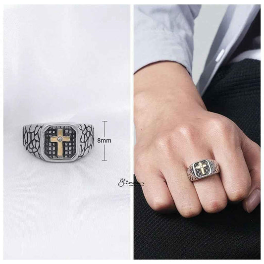 Stainless steel two-tone cross ring by Glitters with polished finish and detailed cross design on a sleek band.