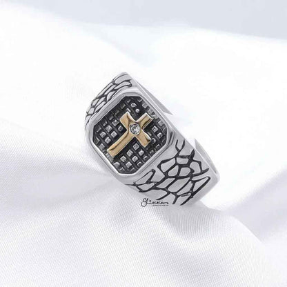 Stainless steel two-tone cross ring by Glitters, featuring a polished cross design on a sleek stainless steel band.