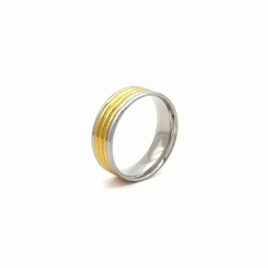 Stainless steel two-tone ring with gold and silver bands from Glitters, featuring a sleek, modern design.