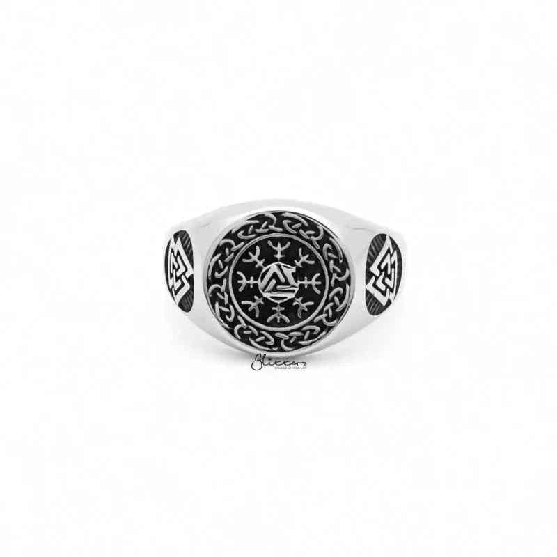 Stainless steel Valknut ring with Helm of Awe symbol by Glitters, featuring Nordic-inspired design and intricate metalwork.