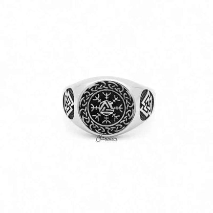 Stainless steel Valknut ring with Helm of Awe symbol by Glitters, featuring Nordic-inspired design and intricate metalwork.