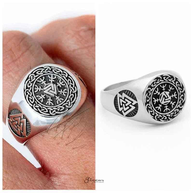 Stainless steel Valknut ring featuring Helm of Awe symbol, designed by Glitters, with intricate Nordic-inspired engraving.