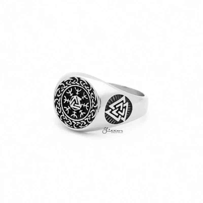 Stainless steel Valknut ring with Helm of Awe symbol, featuring intricate Nordic design and detailed engravings.