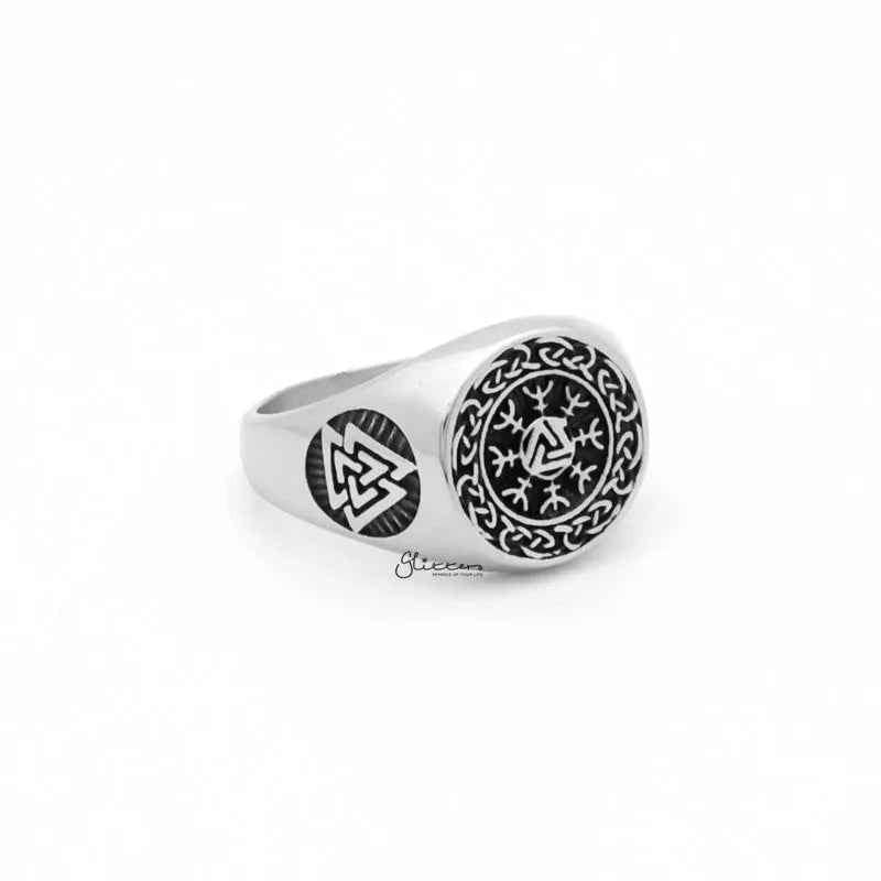 Stainless steel Valknut ring featuring Helm of Awe symbol, crafted by Glitters, with detailed Nordic-inspired design.