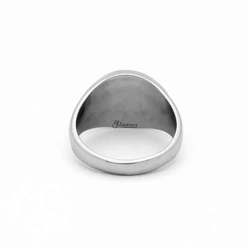 Stainless steel Valknut ring with Helm of Awe symbol, featuring intricate Nordic rune design on a sleek band by Glitters.