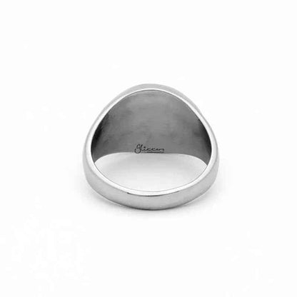 Stainless steel Valknut ring with Helm of Awe symbol, featuring intricate Nordic rune design on a sleek band by Glitters.