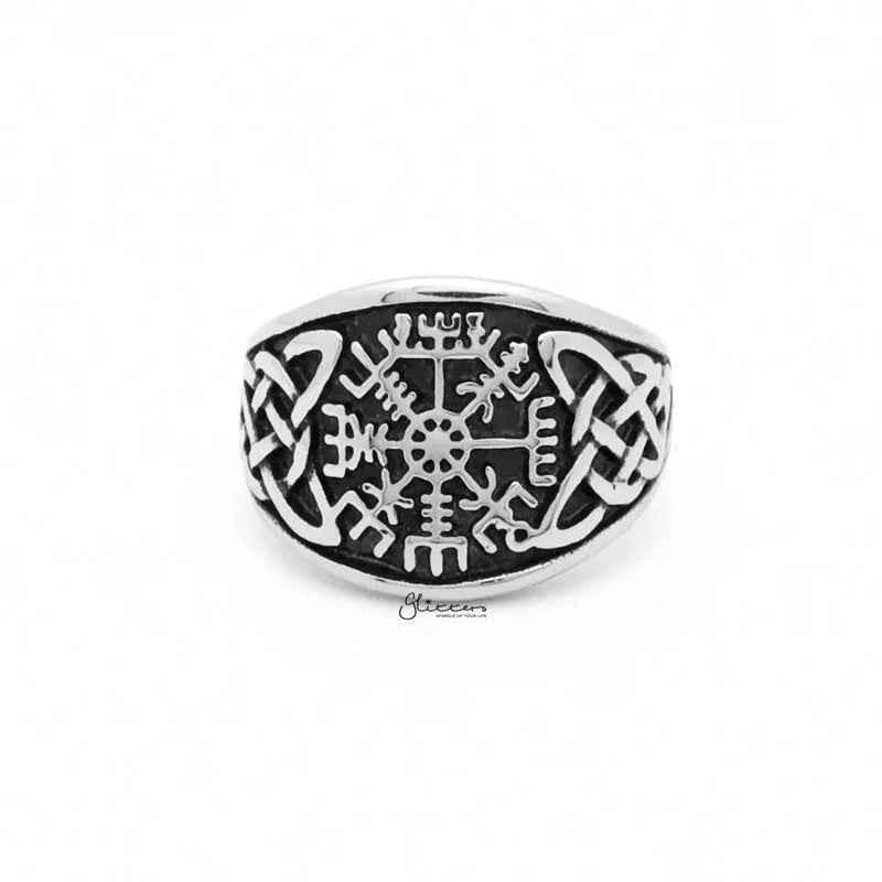 Stainless steel Viking compass ring with Celtic knot symbol, featuring intricate engraved design and polished finish.