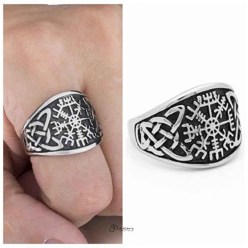 Stainless steel Viking compass ring with Celtic knot symbol, featuring detailed engraved design on a smooth band.