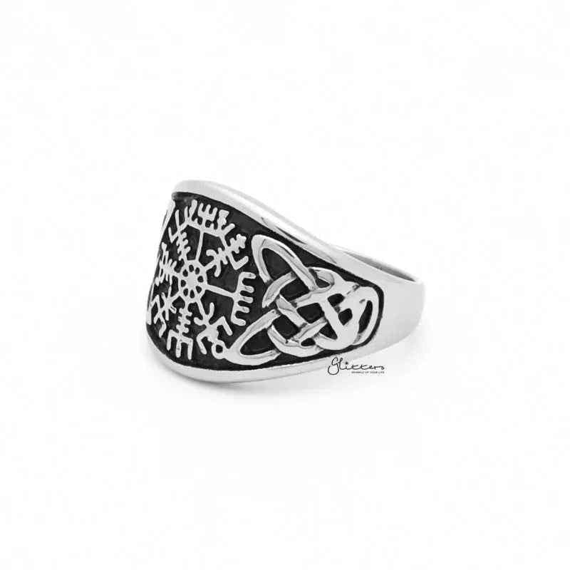 Stainless steel Viking compass ring with Celtic knot symbol, featuring detailed engraving and polished finish.
