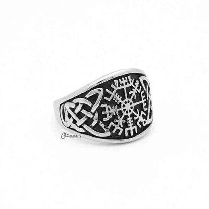 Viking compass stainless steel ring with Celtic knot symbol, intricate design, and polished finish from Glitters.
