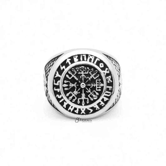 Viking compass stainless steel ring with Valknut symbols, featuring intricate Nordic design and polished finish.