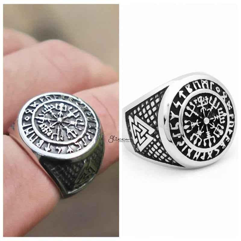 Viking compass stainless steel ring with Valknut symbols, featuring intricate Nordic design by Glitters.