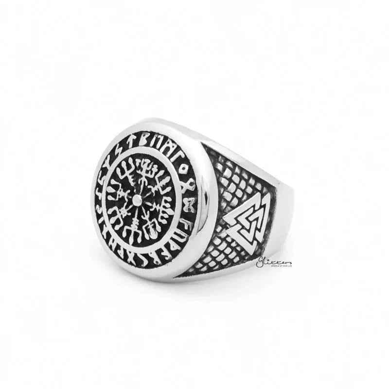 Stainless steel Viking compass ring with Valknut symbols, featuring detailed engravings and a sleek, polished finish.