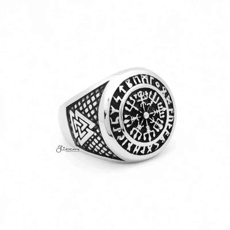 Stainless steel Viking compass ring with Valknut symbols, designed by Glitters, featuring detailed Norse-inspired engravings.