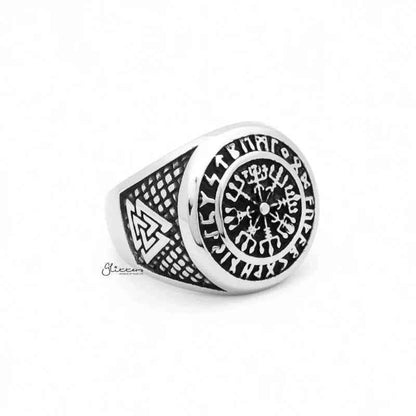 Stainless steel Viking compass ring with Valknut symbols, designed by Glitters, featuring detailed Norse-inspired engravings.