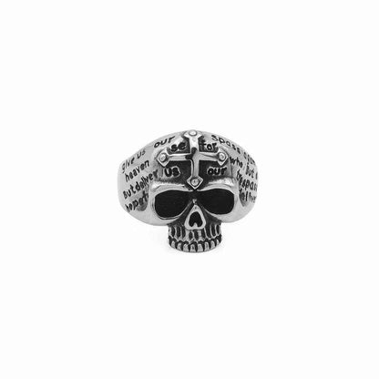 Stainless steel Skull Ring with cross and script engraving from Glitters, featuring a detailed skull design and gothic style.