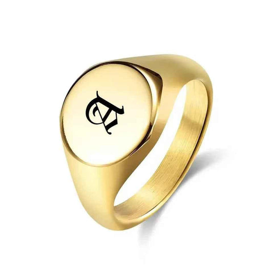 Personalised stainless steel round signet ring by Glitters, showcasing a sleek silver band with customizable engraved design.