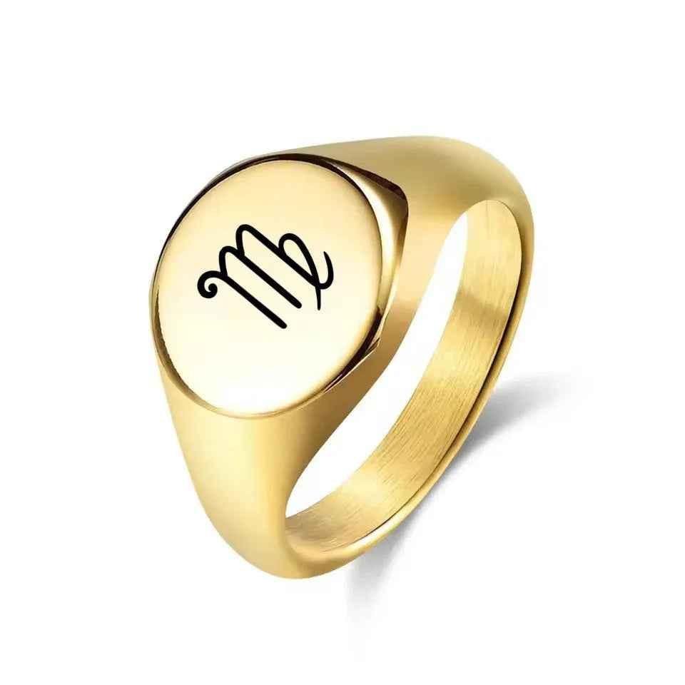 Personalised silver stainless steel round signet ring from Glitters, showcasing a smooth, polished surface and classic design.