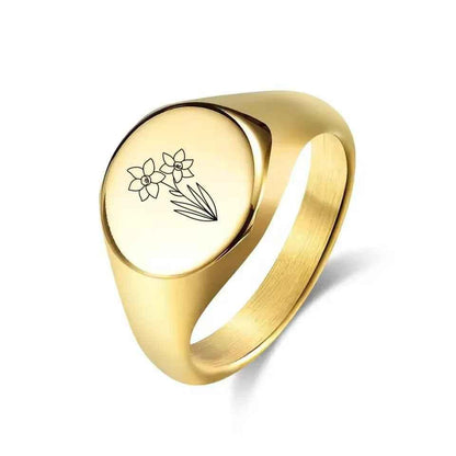 Personalised silver stainless steel round signet ring by Glitters, featuring a smooth, polished design with customizable engraving.