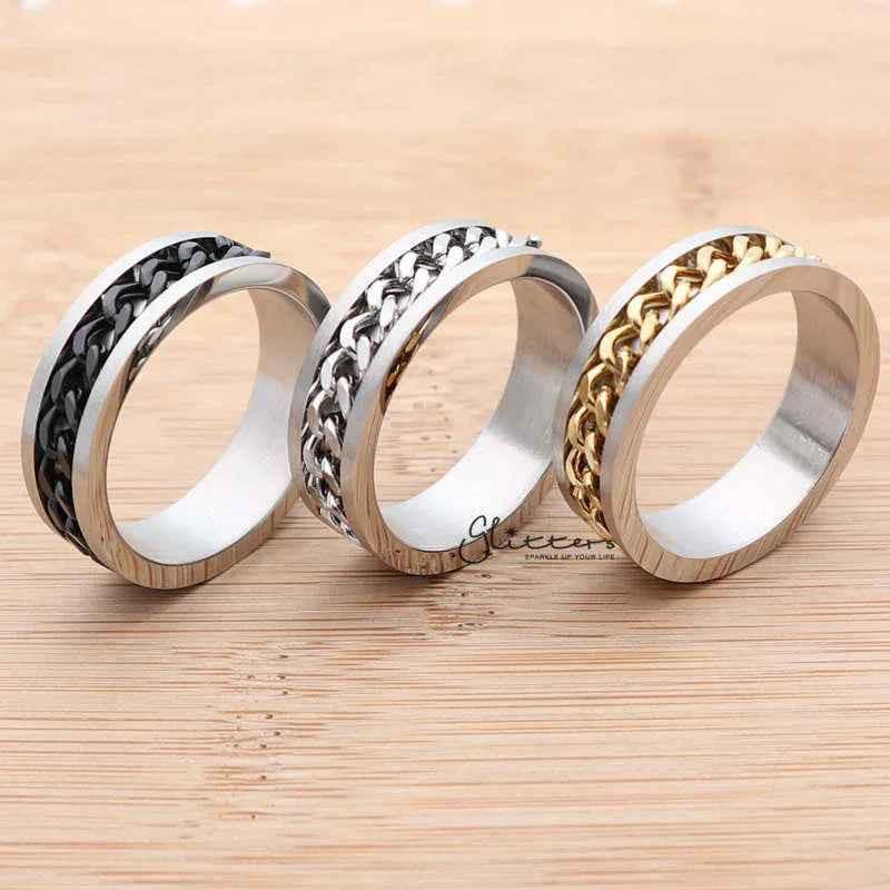 Stainless Steel 8mm Spinning Chain Ring by Glitters in silver, gold, and black, featuring a sleek, modern design.