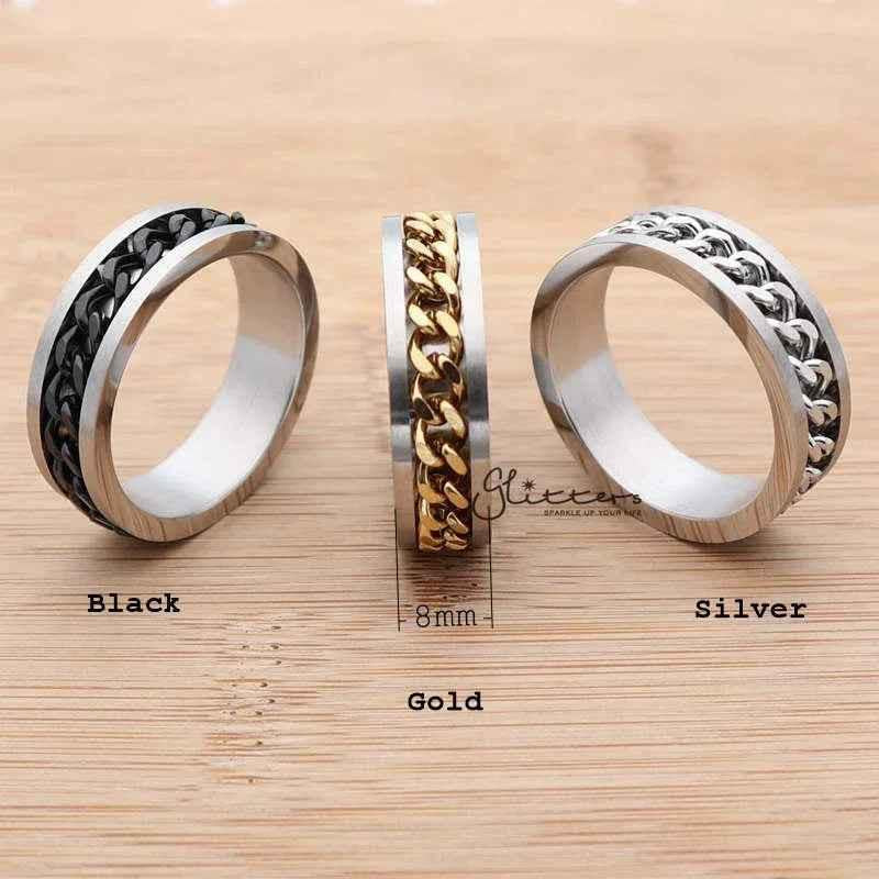 Silver, gold, and black stainless steel 8mm spinning chain rings by Glitters, showcasing a sleek, modern design with a polished finish.