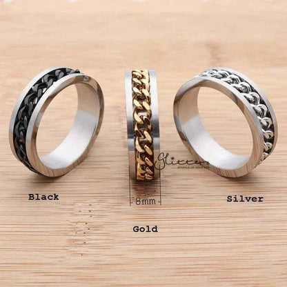 Silver, gold, and black stainless steel 8mm spinning chain rings by Glitters, showcasing a sleek, modern design with a polished finish.