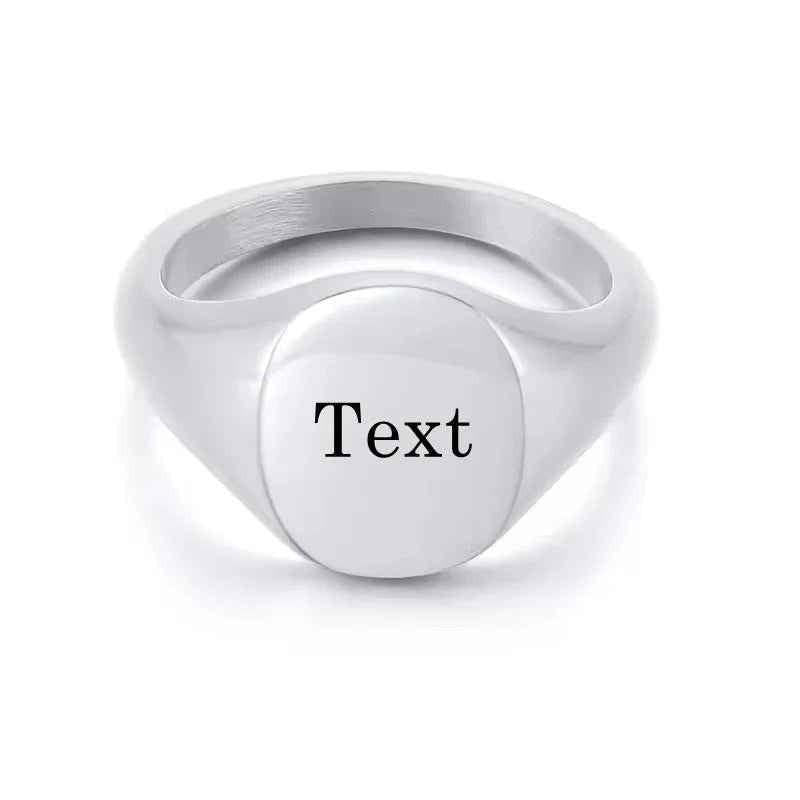 Personalised stainless steel oval signet ring by Glitters, plain silver ring with smooth, polished surface and blank design.
