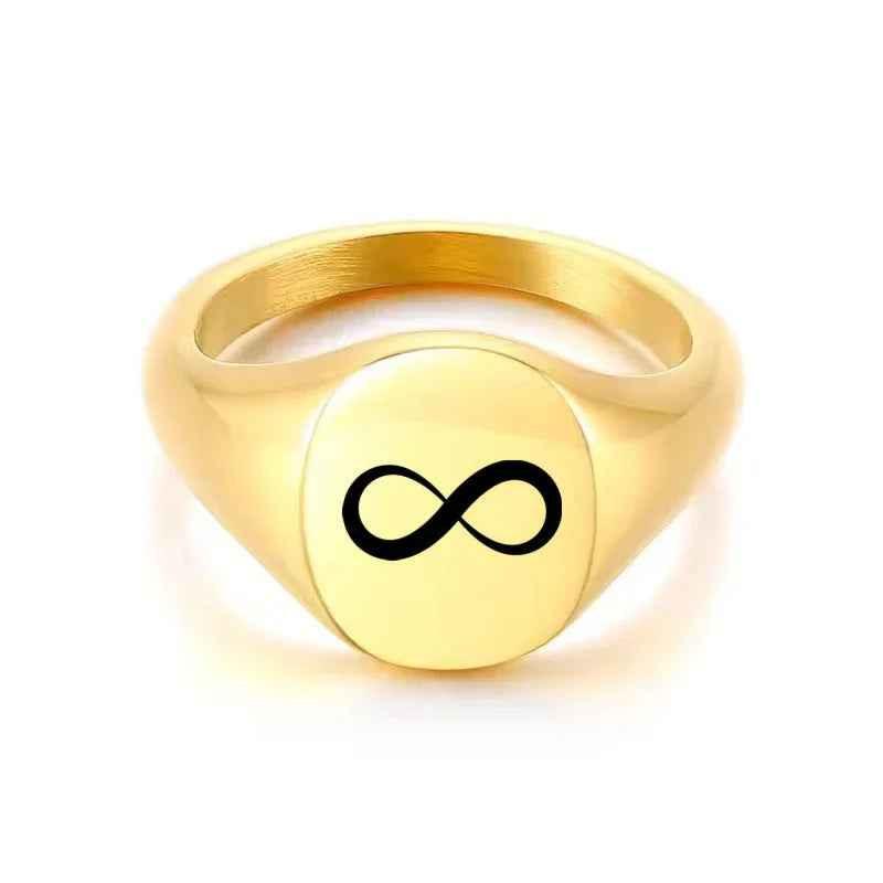 Personalised stainless steel oval signet ring by Glitters, plain silver band with smooth, polished finish.
