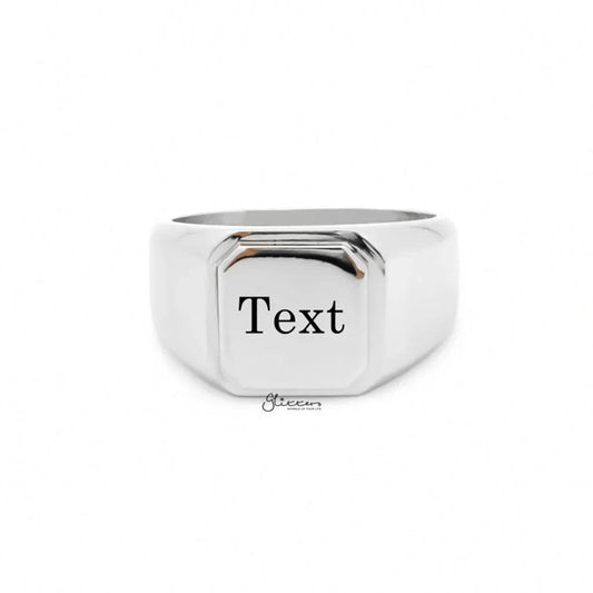 Personalised stainless steel square flat-top signet ring in silver, featuring a sleek design and customizable engraving.
