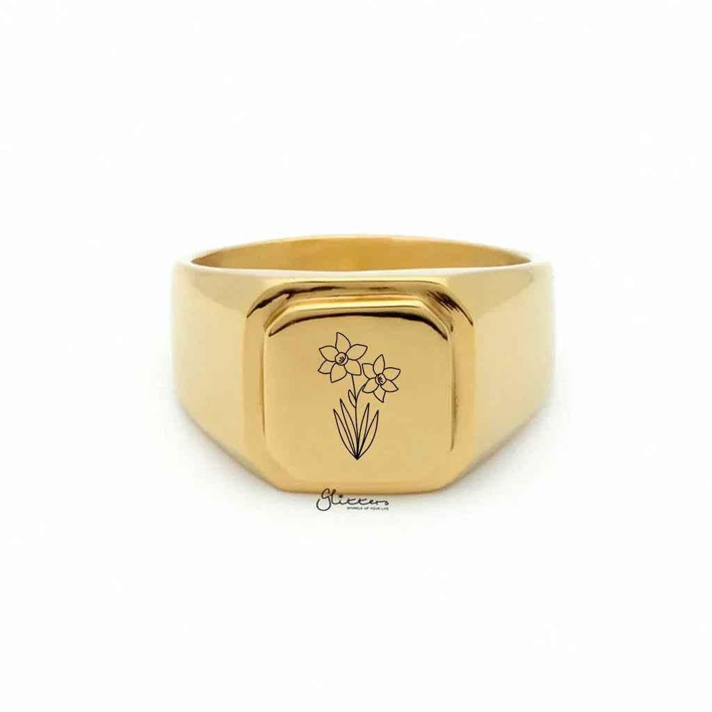 Personalised silver stainless steel square flat top signet ring from Glitters, showcasing a sleek, polished design with engraved customization space.