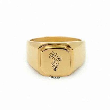 Personalised silver stainless steel square flat top signet ring from Glitters, showcasing a sleek, polished design with engraved customization space.