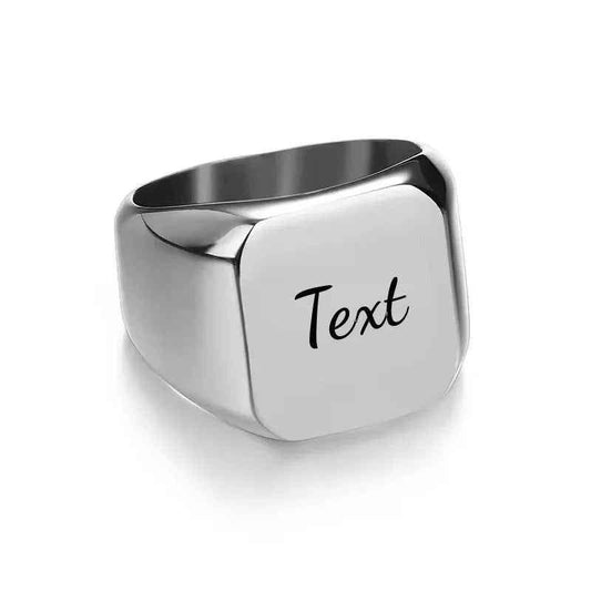 Personalised silver stainless steel square-shaped ring by Glitters, showcasing a sleek, modern design with customizable details.