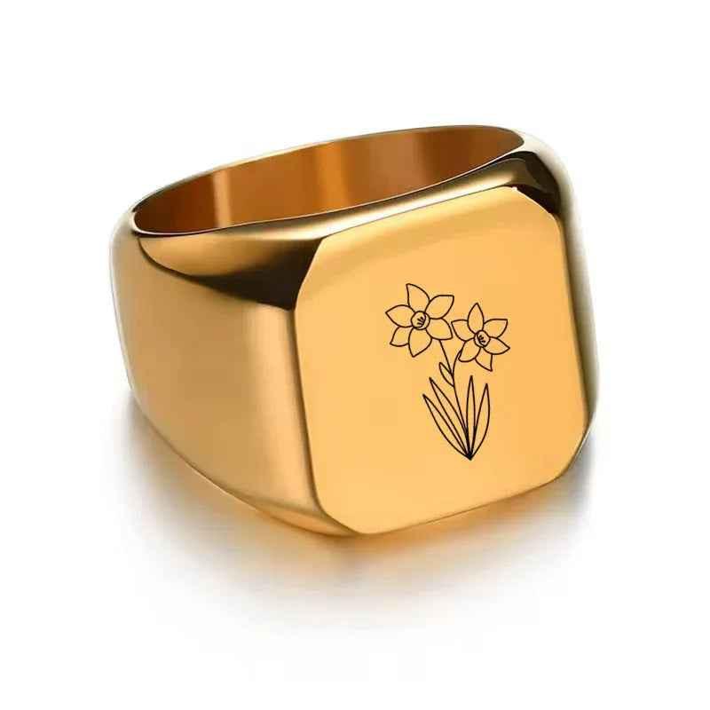 Personalised silver stainless steel square shape ring by Glitters, showcasing a sleek, modern design with customizable details.