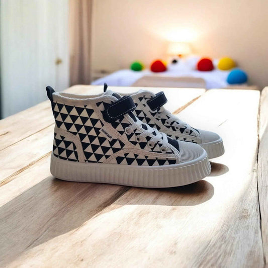 Happy Feet NZ GeoGrip High-Tops showcasing bold design, grippy soles, and comfortable fit in vibrant footwear style.