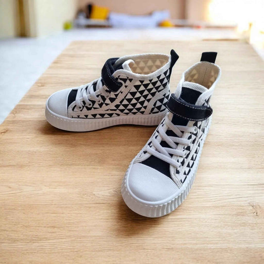 Happy Feet NZ GeoGrip High-Tops in bold design, featuring grippy soles and comfortable fit, suitable for casual wear.