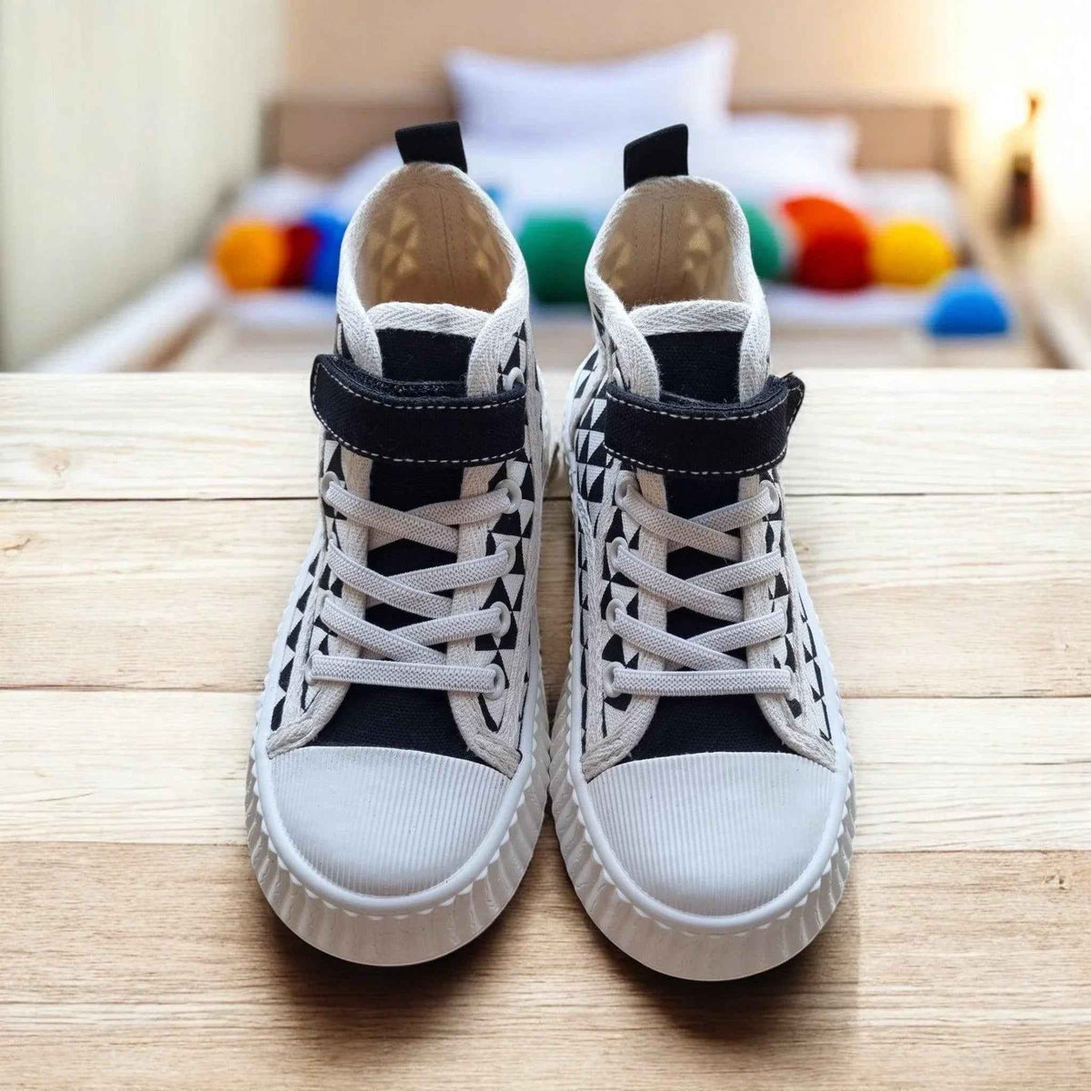 Happy Feet NZ GeoGrip High-Tops in bold design with grippy soles and comfortable fit, ideal for casual wear and active use.