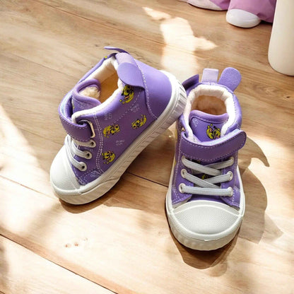 Happy Feet NZ plush high-top shoes featuring soft, secure, and playful design with colorful accents and cozy fabric.
