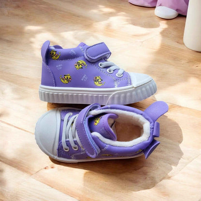 Happy Feet NZ plush high-top shoes in soft, playful fabric with secure fit, ideal for comfortable, stylish children's footwear.