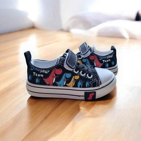 Colorful DinoTeam Canvas Sneakers by Happy Feet NZ featuring vibrant design and comfortable fit for kids.