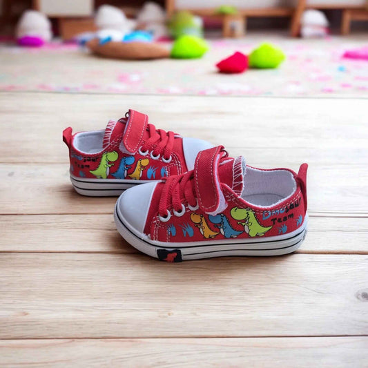 Colorful DinoTeam Canvas Sneakers from Happy Feet NZ featuring vibrant design and comfortable fit for kids.