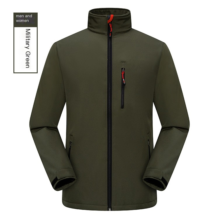 Men and women wearing Mead's Supply waterproof softshell jacket, showcasing windproof, lightweight, and warm outdoor outerwear.