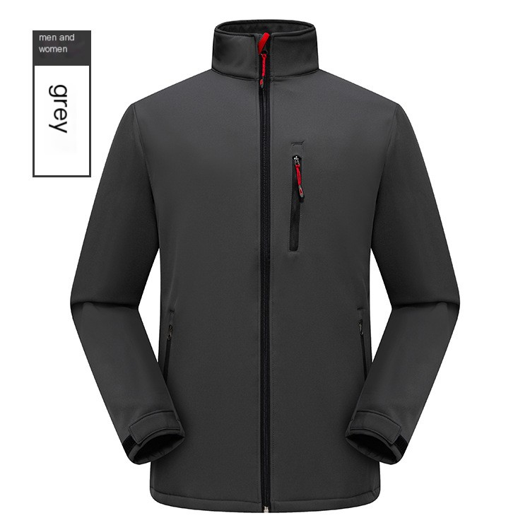 Men and women wearing Mead's Supply waterproof softshell jacket, showcasing its windproof, lightweight, and warm design.