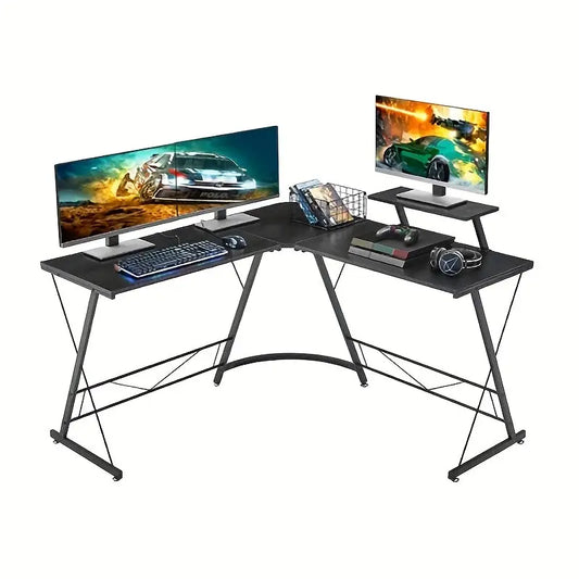 Industrial L-Shaped Corner Desk – Black Metal Frame with Monitor Stand (2 colours available) Habicare