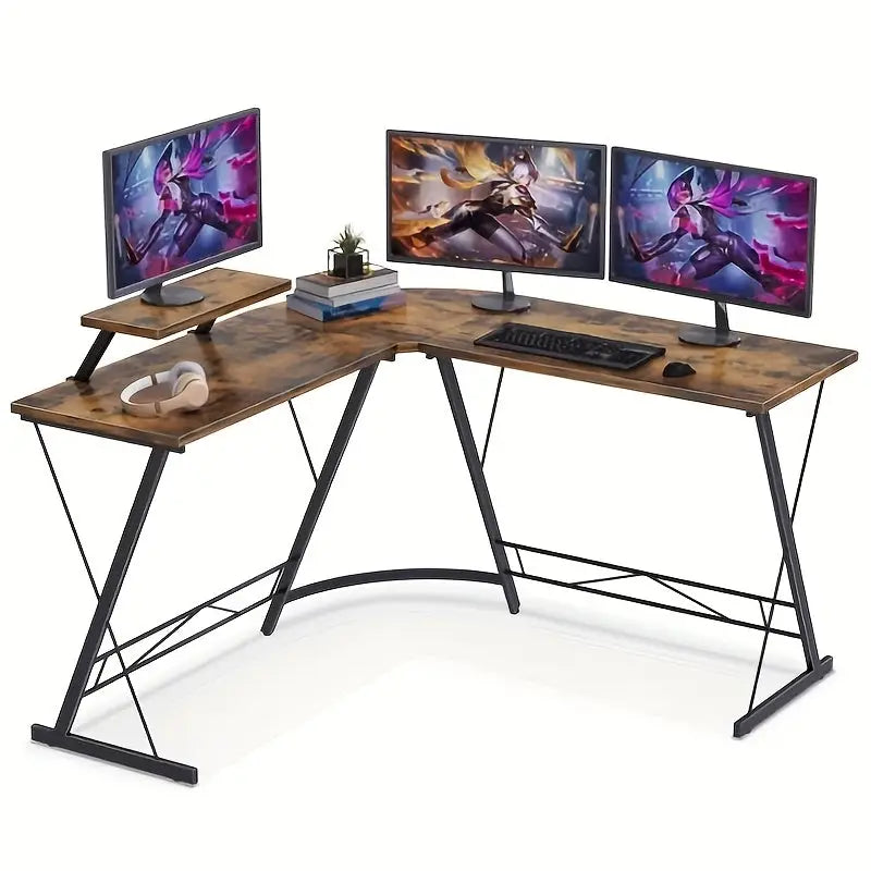 Industrial L-Shaped Corner Desk – Black Metal Frame with Monitor Stand (2 colours available) Habicare