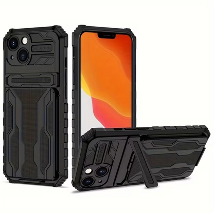 iPhone 15 Heavy Duty Shockproof Case With Card Holder & Kickstand (Black) - ShopHub