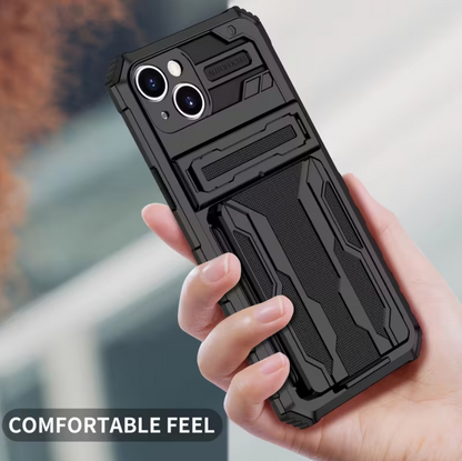 iPhone 15 Heavy Duty Shockproof Case With Card Holder & Kickstand (Black) - ShopHub