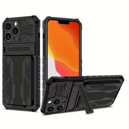 iPhone 15 Pro Max Heavy Duty Shockproof case With Card Holder & Kickstand (Black) - ShopHub